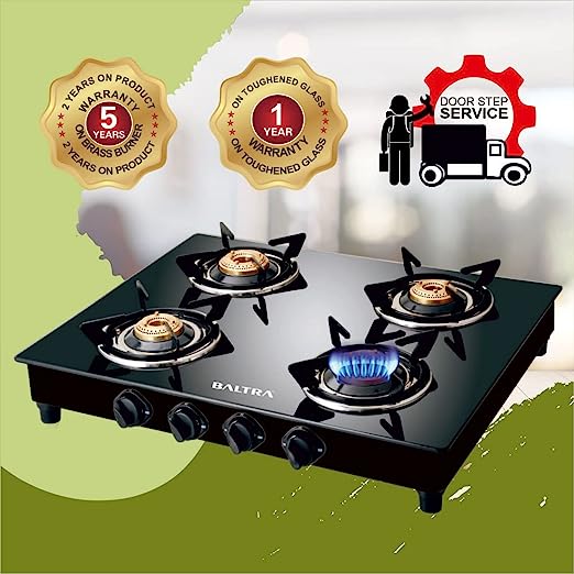 Baltra Glimmer Glass Top Gas Stove 4 Brass Burner Manual Ignition, Black (ISI Certified 2 year warranty with Doorstep Service) Baltra Glimmer Glass Top Gas Stove 4 Brass Burner Manual Ignition, Black (ISI Certified 2 year warranty with Doorstep Service)